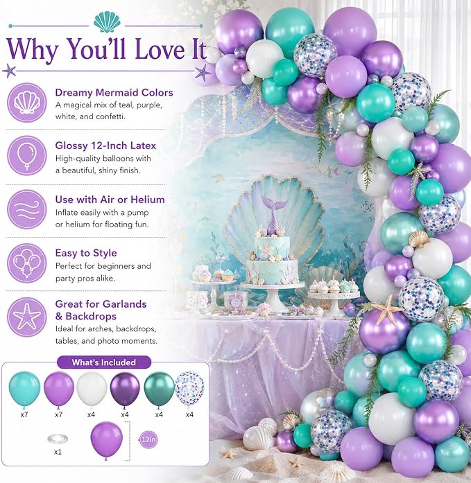 Mermaid Balloons, 12 Inches Purple and Green Balloons Teal Purple White - Image 2