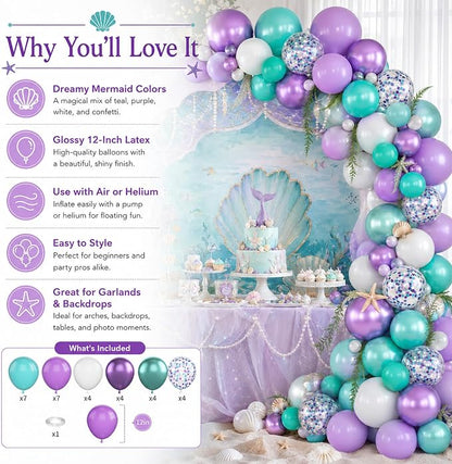 Mermaid Balloons, 12 Inches Purple and Green Balloons Teal Purple White - Image 2