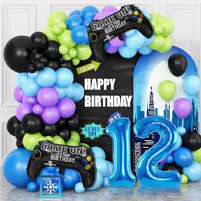12th Birthday Video Game Balloons Arch, 12th Game Party Balloons Garland Kit by Cledeco