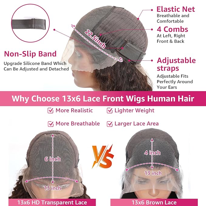 Chocolate Brown Deep Wave 13x6 HD Lace Front Wigs Human Hair 200 Density Curly Wig Wet and Wavy Lace Front Wigs for Women Human Hair Wig Pre Plucked with Baby Hair (22 Inch)