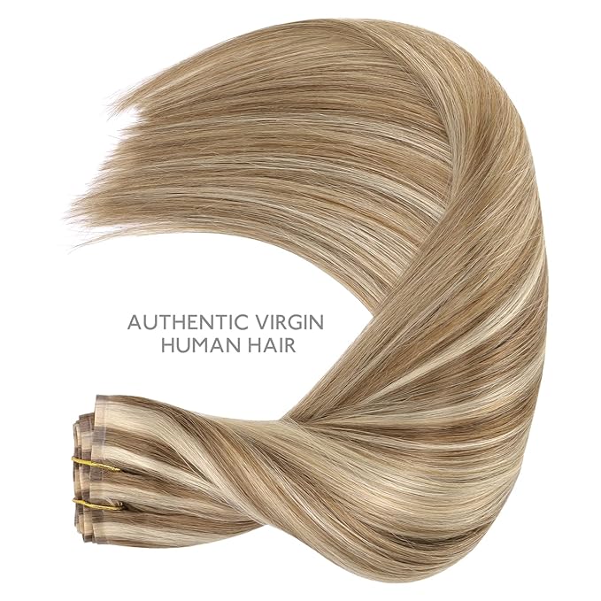 WENNALIFE Seamless Clip In Hair Extensions, 16 Inch 7pcs 130g Ash Brown with Platinum Blonde Highlights Hair Extensions Clip In Real Human Hair Extensions Invisible PU Weft Hair