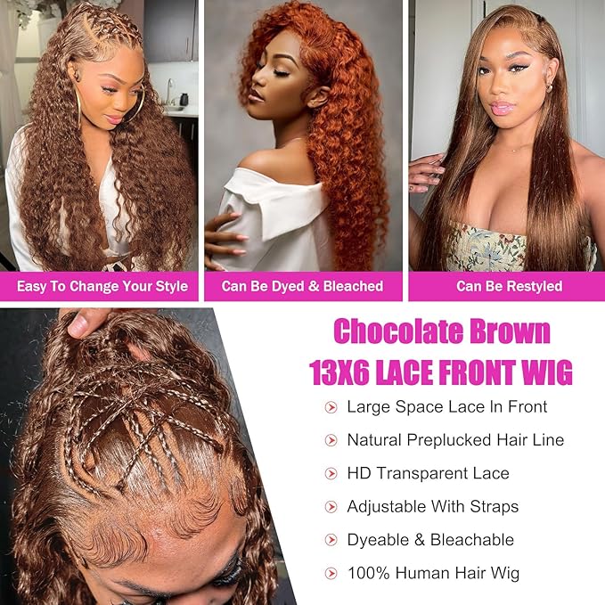 Anderah Chocolate Brown Deep Wave Lace Front Wigs Human Hair 200 Density 13x6 HD Lace Frontal Wigs Curly Human Hair Wig For Women Pre Plucked with Natural Hairline 4# Brown Color (36inch)