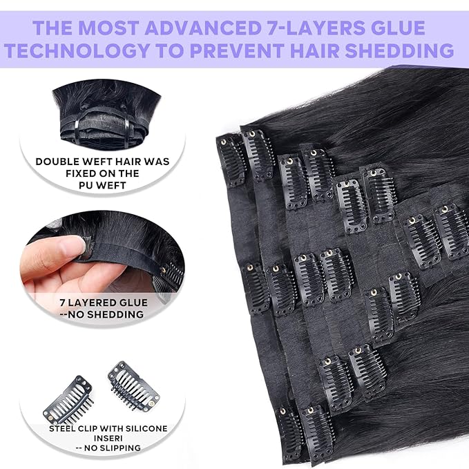 Seamless Clip in Hair Extensions Real Human Hair, Straight Remy Human Hair Clip in Extensions, Natural Soft Human Hair, PU Skin Weft, 8Pcs 120g, 30inch #1B Natural Black