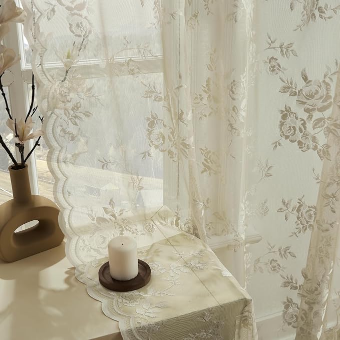Khaki Lace Curtains 54 Inch Length 2 Panels Set Country Taupe Floral Curtains - Image 5