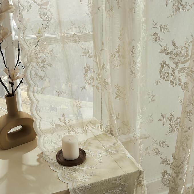 Khaki Lace Curtains 72 Inch Length 2 Panels set Vintage Floral Sheer Curtains - Image 6