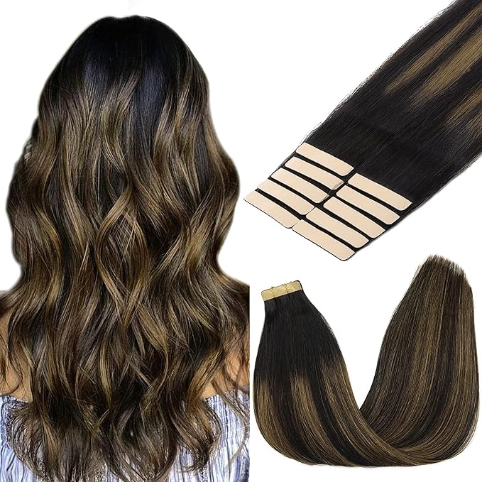 GOO GOO Tape in Hair Extensions Human Hair, 1B/6/1B Balayage Natural Black to Chestnut Brown, 22inch 30g 10pcs, Skin Weft Seamless Invisible, Silky Straight with Thick Ends, Remy Human Hair