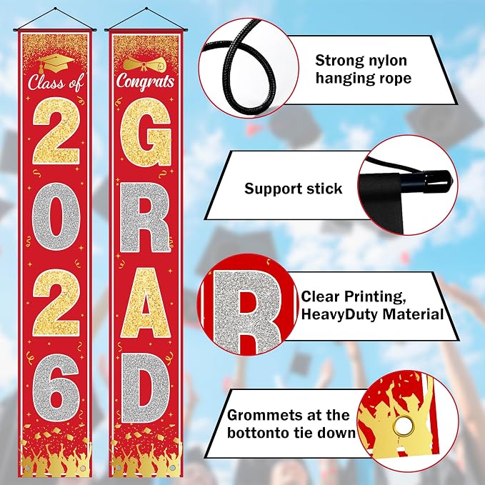 OHOME Graduation Decorations 2026 2027- Red Gold Congrats Grad Porch Banner - Image 4