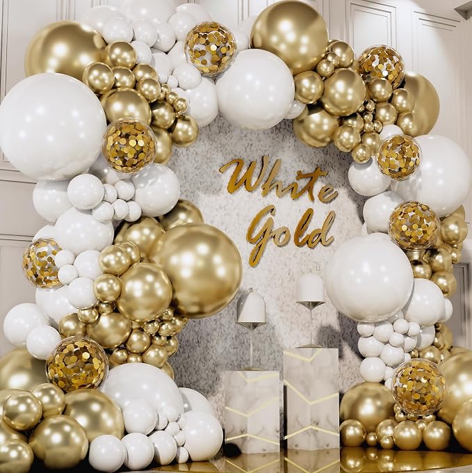 ALL-IN-1 White and Gold Balloons Garland & Arch Kit – Small and Large Gold and by SherylDecor