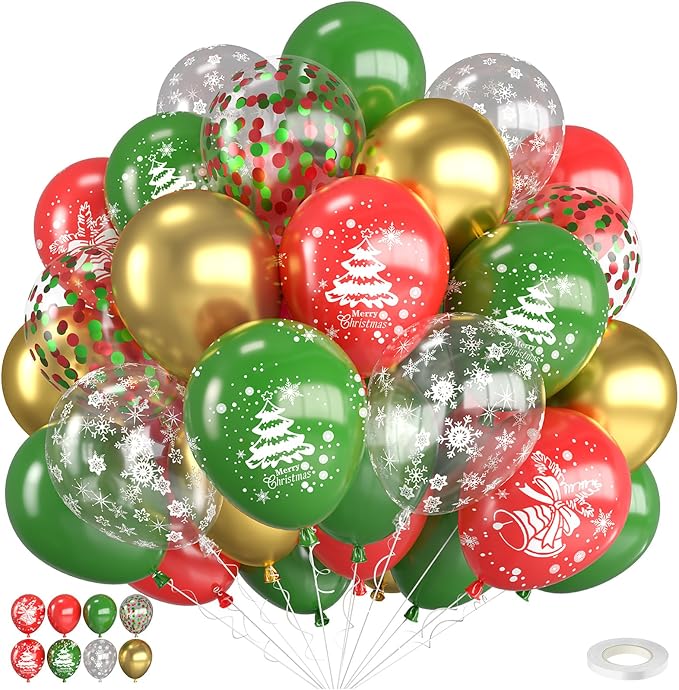 Christmas Balloons, 12 Inch Red Green and Gold Christmas Tree Bell Printed by FEYG
