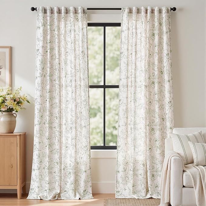 jinchan Floral Linen Curtains for Living Room 96 Inch Length Green Flower by JINCHAN
