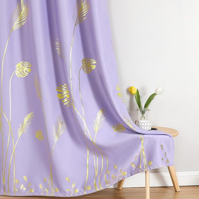 Lilac Blackout Curtains for Bedroom, Room Darkening Gold Palm Tree Pattern - Image 7
