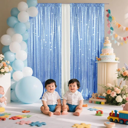 PartyDelight Baby Blue Sequin Backdrop Curtains 2x8ft 2 Panels | Sparkly 3mm - Image 3