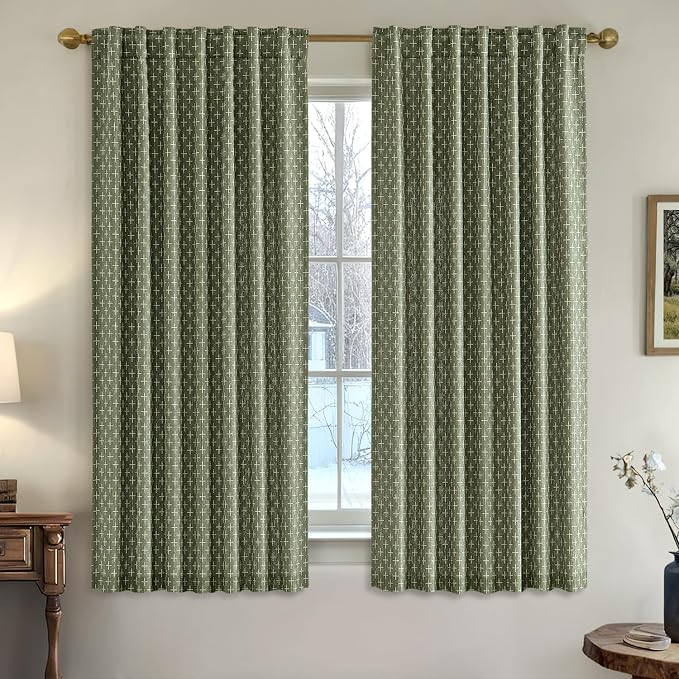 MIULEE Patterned Farmhouse Linen Curtains, Back Tab, Olive Green | Linen - Image 2