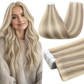 Full Shine Injected Remy Tape in Human Hair Extensions 18 Inch Color 18/613 Ash Blonde and Light Blonde Injection Double Sided Tape in Hair Extensions Skin Weft 50 Grams 20 Pcs for Wedding