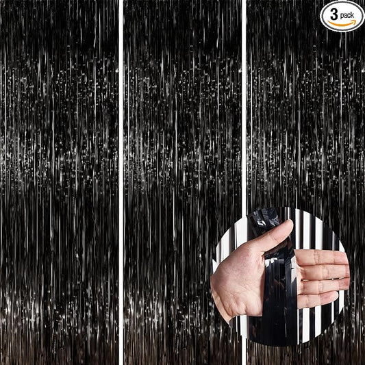 PartyWoo Black Foil Fringe Streamers 8.2FT 3pcs Tinsel Backdrop Curtain | Black by PartyWoo