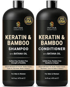 Keratin Shampoo and Conditioner Set | 16 fl oz Each | with Batana Oil & Bamboo Extract | Controls Frizz, Strengthens, Nourishes, & Adds Shine for Smoother Hair