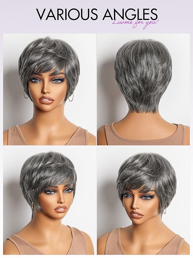 LUVME HAIR Ultra Comfort Salt & Pepper Gray Wigs Throw On & Go Short Pixie Cut with Bangs 5 Inches Skin Friendly Cotton Cap 100% Real Human Hair Glueless Wig Glueless Wig Hair Full Machine Made
