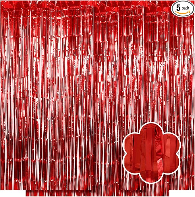 5 Pack Red Foil Curtain Backdrop 3.2ft x 9.8ft Metallic Tinsel Foil Fringe by Ohiyoo