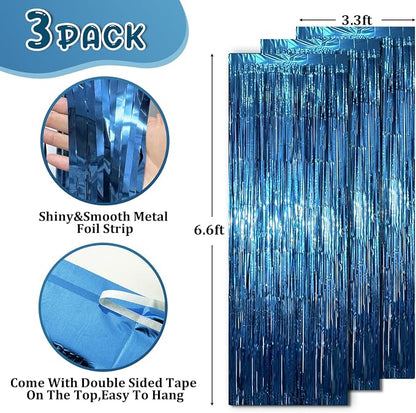 Voircoloria Retro Blue Foil Fringe Backdrop Curtains, Birthday Party Decorations - Image 2