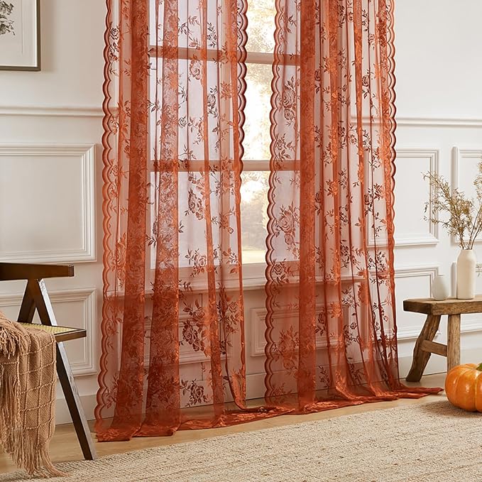 Burnt Orange Lace Curtains 96 Inches Long Fall Country Floral Sheer Curtains - Image 2