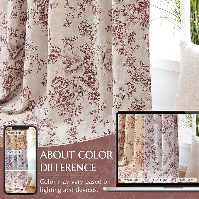 jinchan Red Floral Linen Blackout Curtains Lined 63 Inch Back Tab 2 Panels | - Image 6
