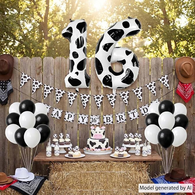 40 Inch Cow Print Number 16 Balloon Set, Giant Black & White Foil "16" Number - Image 5