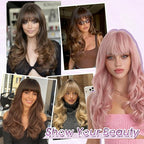 Haloo Brown Blonde Wigs with Bangs Long Wavy Layered Haircut Natural Looking Fluffy Synthetic Heat Resistant Hair Wig for Women Daily Party, 24 Inch Brown Mixed Blonde