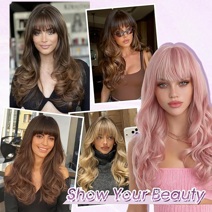 Haloo Brown Wigs with Bangs Long Wavy Layered Haircut Natural Looking Fluffy Synthetic Heat Resistant Hair Wig for Women Daily Party, 24 Inch Dark Brown