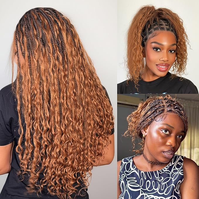 Human Hair Boho Curls Hand-Tied HD Full Lace Wig - 24" Salon-Level Small Box Synthetic Braids (100 Braids, High Density) Pre-Cut Swiss HD Lace, Pre-Plucked, Knotless - 1B/30 Ombre Brown