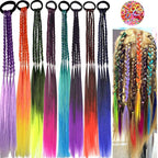 Colored Braids Hair Extensions with Rubber Bands Rainbow Braided Synthetic Hairpieces Ponytail Hair Accessories for Women Kids Girls Party Highlights Cosplay Dress Up (8PCS D Style)