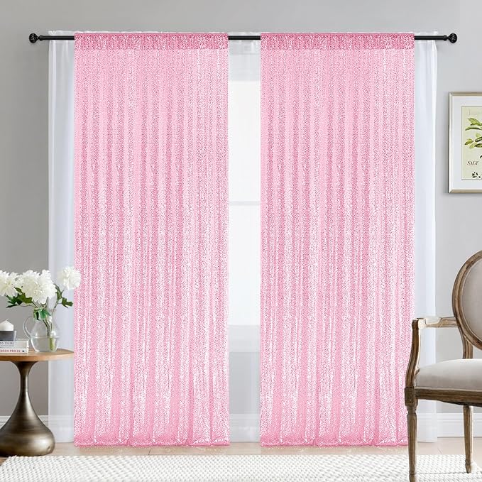 2×8FT-2PCS Pink Sequin Backdrop Curtains Panels, Photography Backdrop Glitter - Image 2