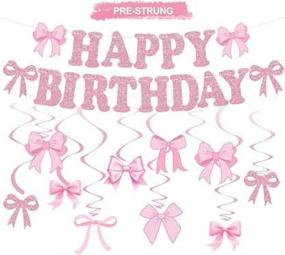 Glitter Pink Bow Happy Birthday Banner by RICHHHA