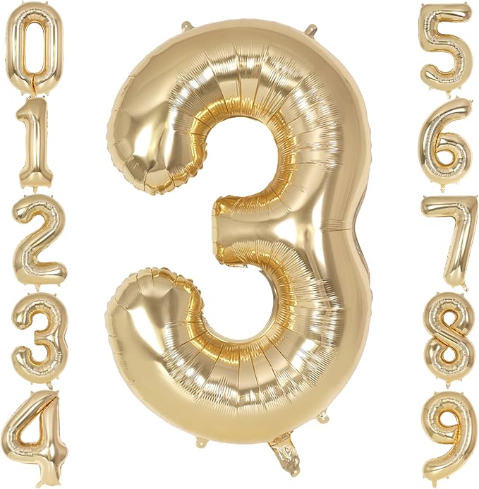 Champagne Gold Large Number 3 Balloon, 40 Inch Light Gold Foil Helium Number by AIQINHU