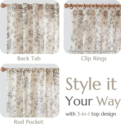 jinchan Black Floral Linen Curtains 84 Inch Farmhouse Back Tab 2 Panels | Light - Image 5