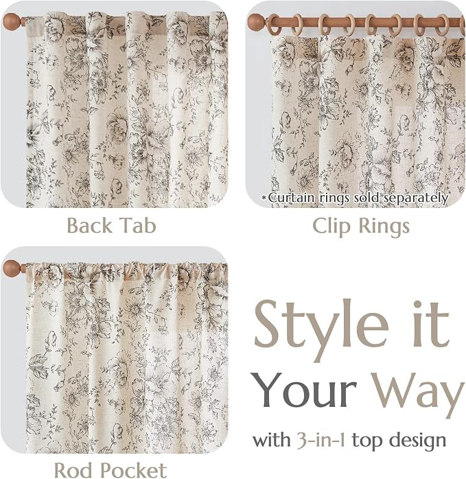 jinchan Black Floral Linen Curtains 63 Inch Farmhouse Back Tab 2 Panels | Light - Image 7