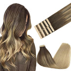 GOO GOO Tape in Hair Extensions Human Hair, 4/18 Balayage Chocolate Brown Highlighted Dirty Blonde, 16inch 25g 10pcs, Skin Weft Seamless Invisible, Silky Straight with Thick Ends, Remy Human Hair