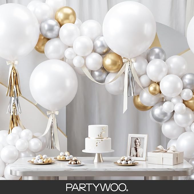 PartyWoo Pearl White Balloons 155pcs Metallic White Color 5 Inch | 18 12 10 5 - Image 8