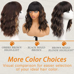 Nnzes Wig with Bangs for Women Shoulder Length Bob Wavy Women's Charming Synthetic Brown mixed Blonde Highlight Wigs with Natural Curly Heat Resistant Hair for Daily Party Use