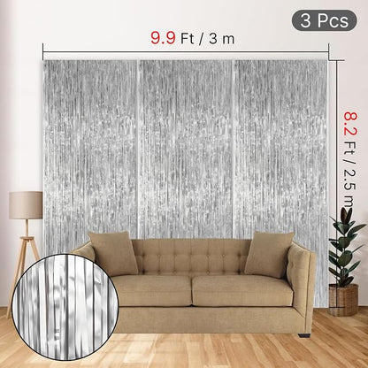 PartyWoo Metallic Silver Tinsel Foil Streamers 8.2FT 3pcs Fringe Backdrop | - Image 4