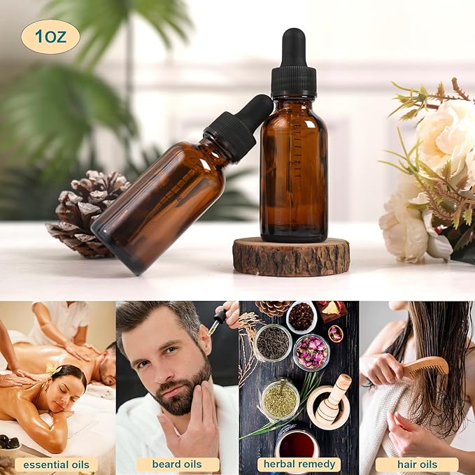 48 Pack,1oz Glass Dropper Bottle, Amber Tincture Bottles with Dropper,Pretty Finish for All Kinds of Liquids,Oil Bottles for Hair- Stronger Suction ideal for Leakproof Travel