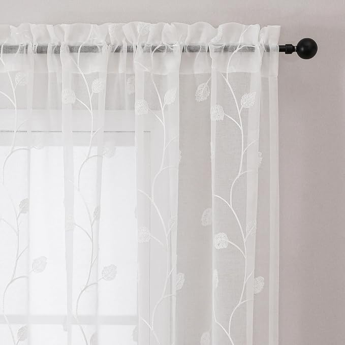 White Sheer Curtains Decorative Embroidered Leaf 63 Inches Long | Light - Image 4