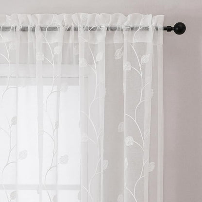 White Sheer Curtains Decorative Embroidered Leaf 63 Inches Long | Light - Image 4