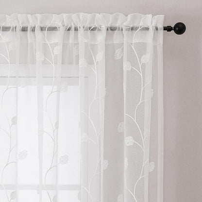 White Sheer Curtains Decorative Embroidered Leaf 96 Inches Long | Light - Image 4