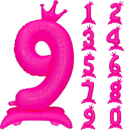 Fluorescent Pink Crown Number 9 Foil Balloon Neon Glow In The Dark Balloon | by YOIOZAIZAI