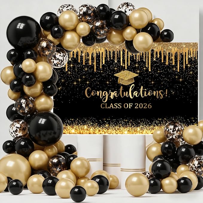 Mocsicka 7x5ft Graduation Backdrop 2026 Black and Gold Graduation Decorations - Image 2
