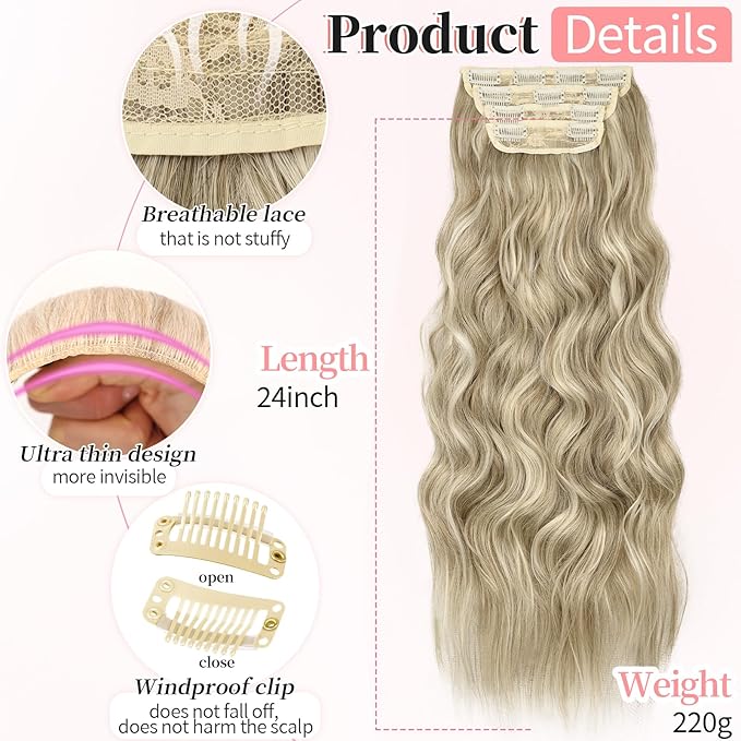 KooKaStyle Clip in Synthetic Highlight Hair Extensions Long Wavy 4PCS Thick Hairpieces Ashy Beige Blonde Balayage Fiber Double Weft Natural Hair Extensions 24 Inch for Women