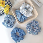 Blue Plaid Scrunchies Set - 5 Bandana Hair Ties for Women