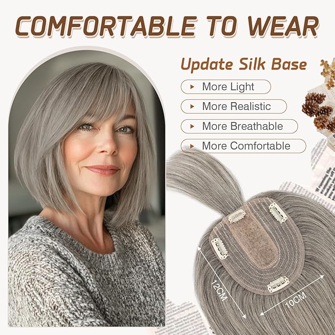 Rich Choices Real Human Hair Toppers for Women With Bang 100% Remy Human Hair Topper for Thinning Hair Clip in Silk Base Hair Topper 10 Inch Salt and Pepper G2 Silver
