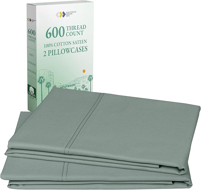 CALIFORNIA DESIGN DEN Luxuriously Soft Hotel Quality 600 Thread Count, 100% Cotton Set of 2 Cases, Crisp & Cool Bed Pillow Covers Standard Size Fits Standard & Queen Pillows (Sage Green)