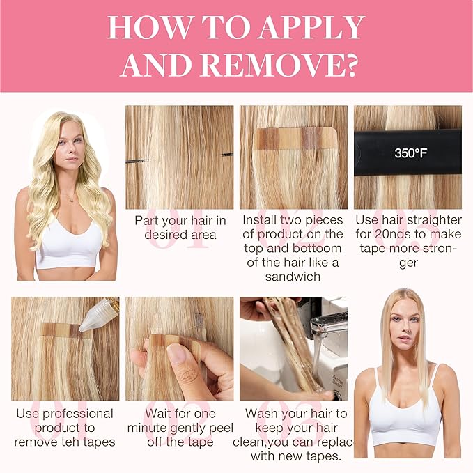 GOO GOO Tape in Hair Extensions Human Hair, 613R Bleach Blonde, 26inch 120g 40pcs, Skin Weft Seamless Invisible, Silky Straight with Thick Ends, Remy Human Hair